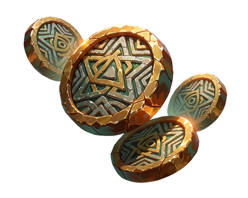 Cztery złote relikwiarzowe monety z rzeźbionymi kamiennymi wzorami symbolizujące płatności kryptowalutowe w Sankra Casino